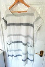 Goose Island One Size White Grey Cotton Blend Textured Lagenlook Dress Pockets