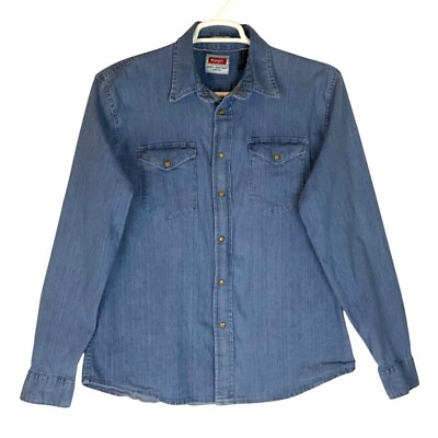 Wrangler Indigo Mens Denim Shirt Size Large Long Sleeve Pearl Snaps