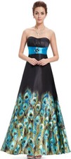 Ever Pretty Strapless Black Satin Evening Dress Peacock Print Rhinestones UK10