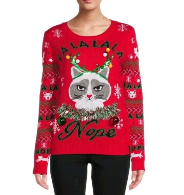 Ugly Christmas Sweater Women Small Grumpy Cat 3D Sequined Quirky Novelty  Funny