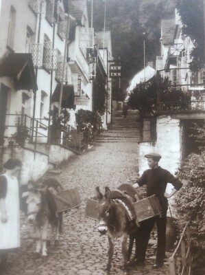 Clovelly High Street Postkarte RPPC Echtfoto neues Gasthaus Kneipe Leute Arsch Maultier Esel