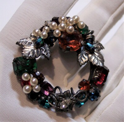 A) vintage marked Austria grape leaves colorful glass & pearl pin brooch 1 3/4''