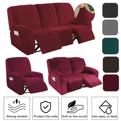 Stretch Recliner Sofa Covers Velvet Fabric Armchair 1 2 3-Seater Couch Slipcover - Picture 3 of 64