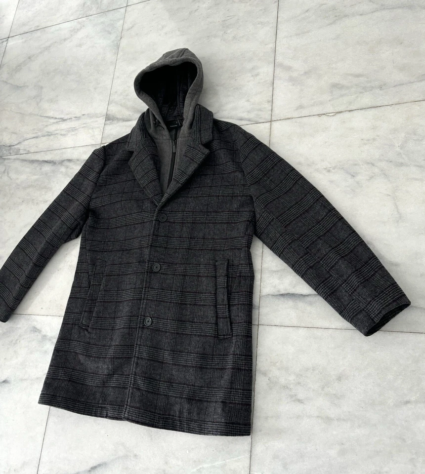 Abrigo Tahari para hombre a cuadros de lana gris cuello capucha extraíble talla XL Foto 3 de 4