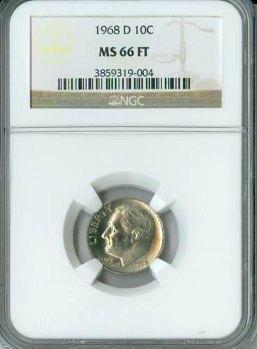 1968 D ROOSEVELT DIME NGC MS66 FT .