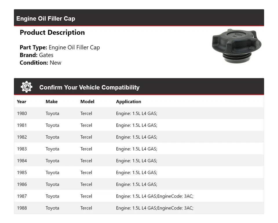Para Toyota Tercel 1980-1988 1.5L L4 Gas Motor Tapa Llenadora Puertas 1981 1982 Foto 2 de 4