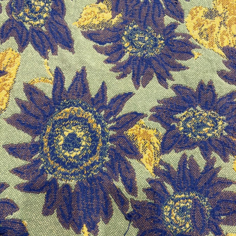 Vintage Woven Throw Blanket Sunflowers Blue Yellow Green Fringe Cozy Home Decor - Image 3 of 4