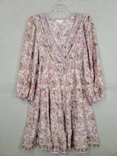 Max Studio Tiered Purple Floral Dress Medium Drawstring Waist Faux Wrap Boho