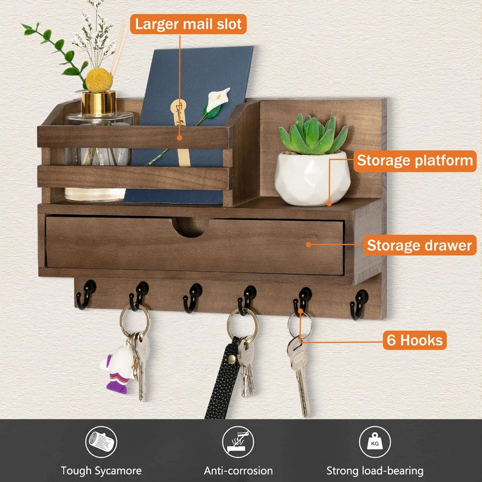 Key and Mail Holder for Wall, Mail Organizer Wall Mount with 6 Hooks and Stor... - Image 2 of 4