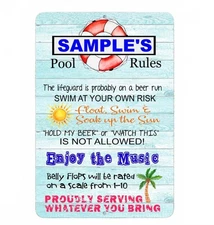 Personalized Pool Rules Sign Aluminum Metal 8"x12" Custom Name Funny Deck Patio