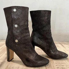 JIMMY CHOO Soft Leather Mid-Calf Heel Boots Metallic Black Women's Size 37.5 EUC