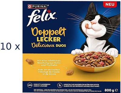 10 x 800g Felix Doppelt Lecker (  5,86/kg) mit Huhn + Truthahn Duos Katzenfutter