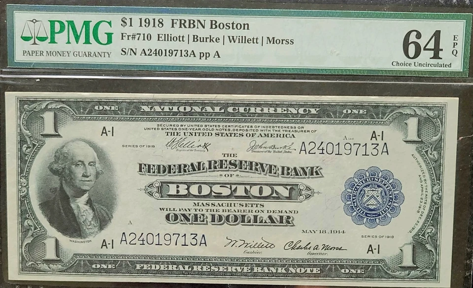 1918 $1 Large Size Note - FRBN (BOSTON) - 64 EPQ Choice Uncirculated - Image 3 of 4