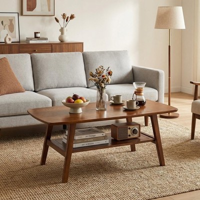 Mid Century Coffee Table with Storage Shelf Walnut Brown Solid Wood Living Room