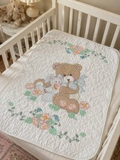Vintage Handmade Cross Stitch Baby Quilt Blanket Teddy Bear Bunny Floral Nursery