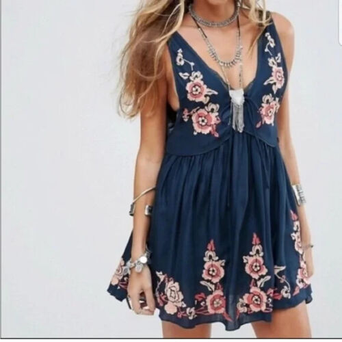 Free People Intimately Aida Embroidered Slip Dress in Navy Size Small
