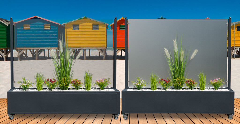 Mobiler XXL Profi Windschutz mit Pflanzkasten 200cm / 175cm matt oder Klarglas