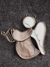 Vintage Stained Glass Angel w Harp Suncatcher Window Ornament Pink