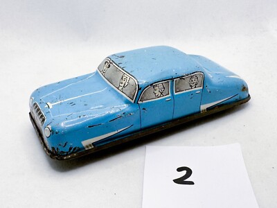 RARE VINTAGE GLAM TOYS # GTP570 TINPLATE BLUE 4 DOOR SALOON CAR UK MADE 1950S