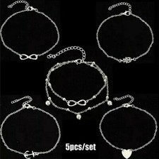 NEW WOMEN'S 5-PIECE SILVER ANKLE BRACELET SET HEART, INFINITY, HAND/EYE, ANCHOR