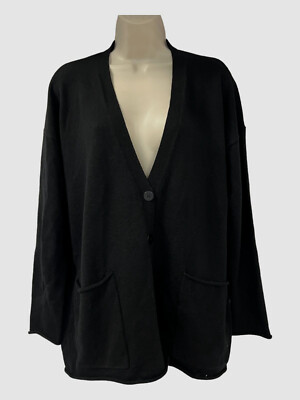 Abito Eileen Fisher In Misto Lana Jersey, Scollo A V, Taglia L, Nero, Sotto Il Ginocchio
