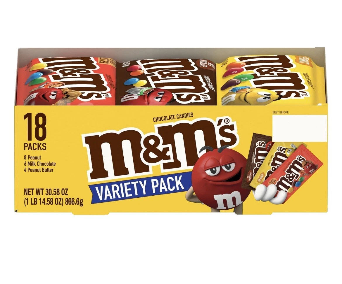 M&M'S VARIETY PACK CHOCOLATE CANDY SINGLE SIZE - 30.58oz - 18CT TO BOX