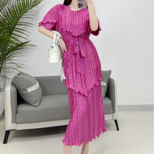 2024 Pleated Casual Mid Sleeve Dress Women Slim Ruffle Edge Party Gown Dress