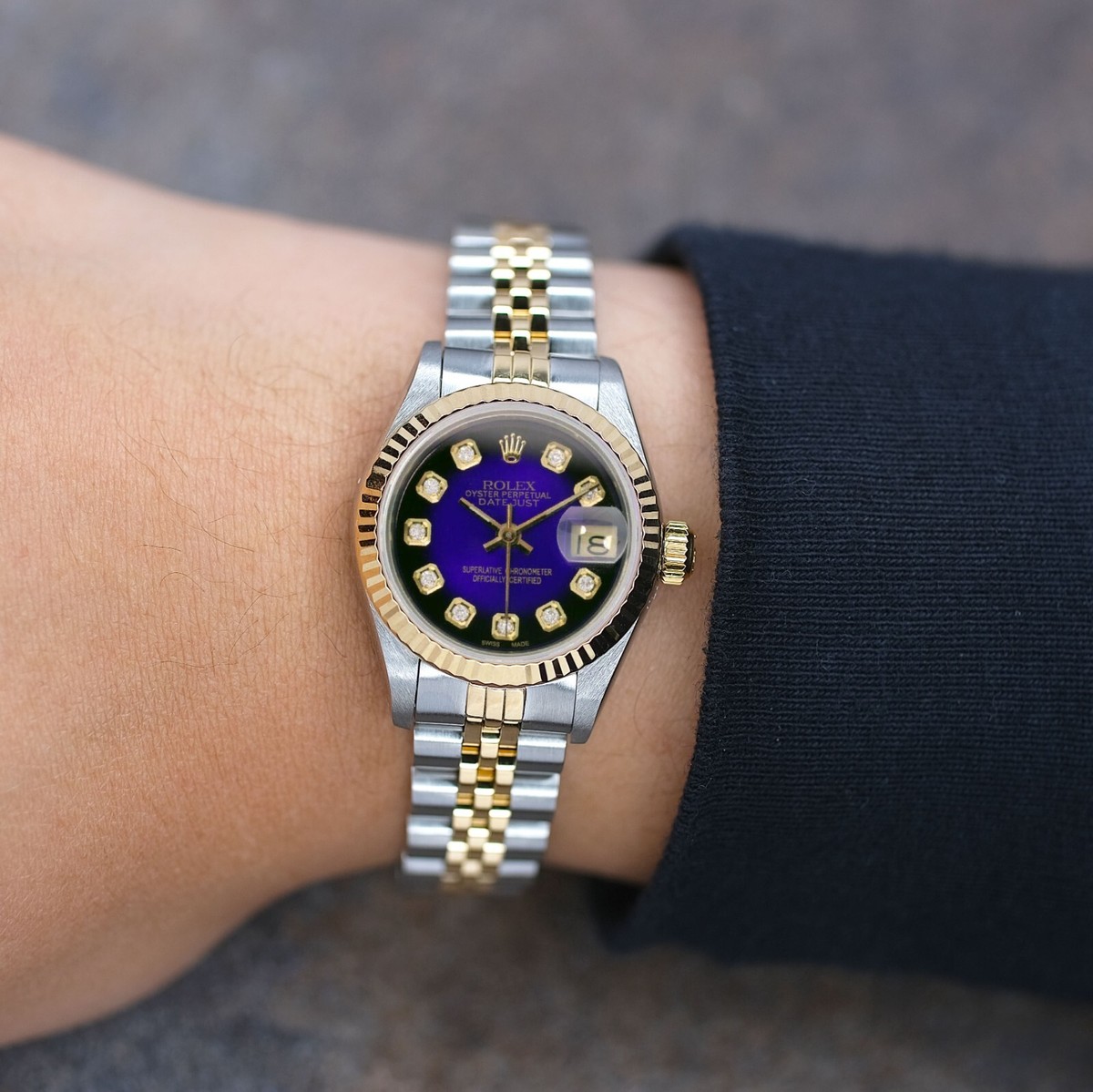 絵画 flk023722 Rolex Datejust Ladies 18KY & SS Blue Vignette Diamond Dial