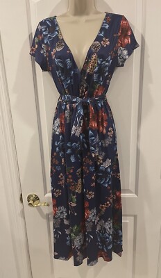 Sidini Size S Blue Floral Dress Pink Short Sleeve Midi Belt Red