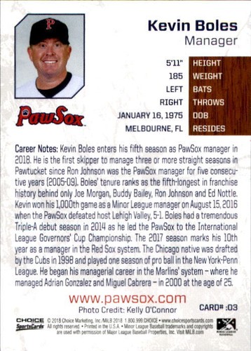 2018 Pawtucket Red Sox Choice #3 Kevin Boles Melbourne Florida FL Baseball Card - Picture 2 of 2