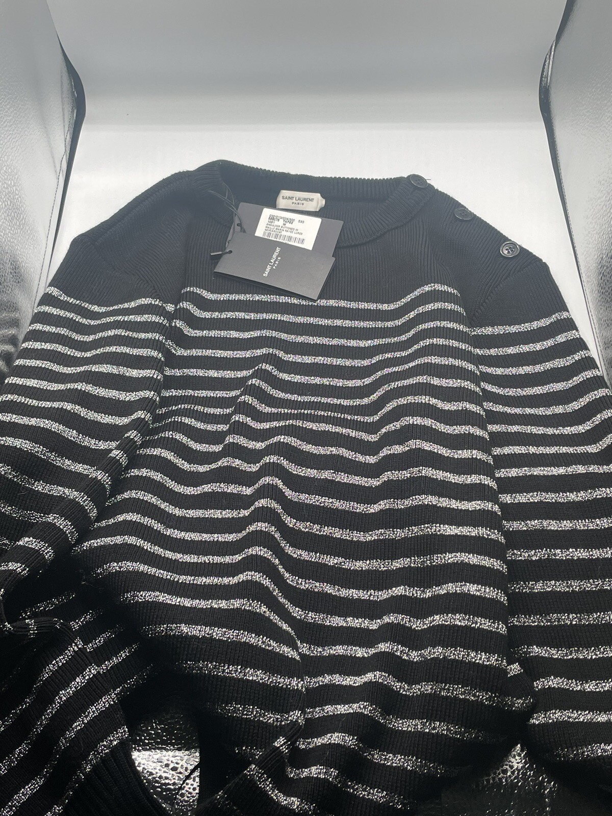 MAGLIONE SAINT LAURENT NERO ARGENTO A RIGHE METALLICHE MISTO LANA PULLOVER NUOVO CON ETICHETTE
