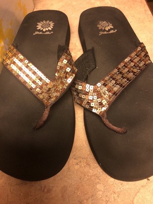 yellow box black sequin flip flops