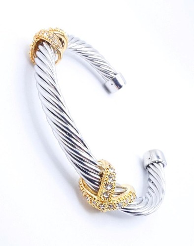 EXQUISITE 18kt Gold Plated Crystals Encrusted Double X Cable Cuff Bracelet - Picture 3 of 10