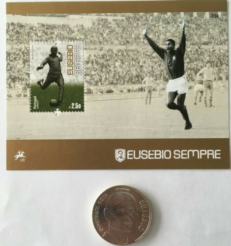 Portugal 2014 Eusebio block of stamps and coin MNH