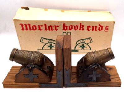 Vintage Cannon Mortar Bookends Wood Metal Rustic Military S.S.