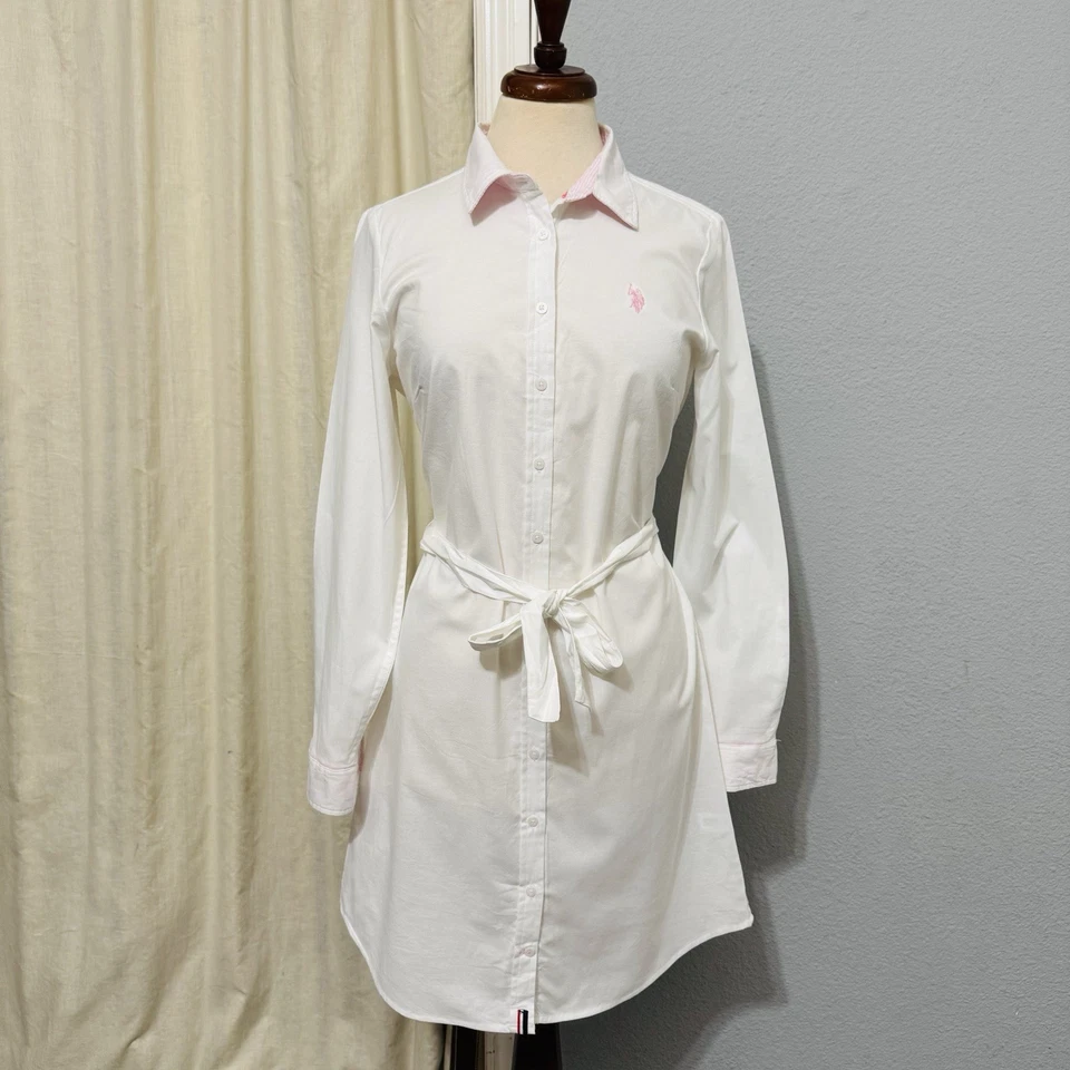 U.S. Polo Assn. Vestido Oxford de golf blanco manga larga para mujer M rosa ribete Foto 2 de 4