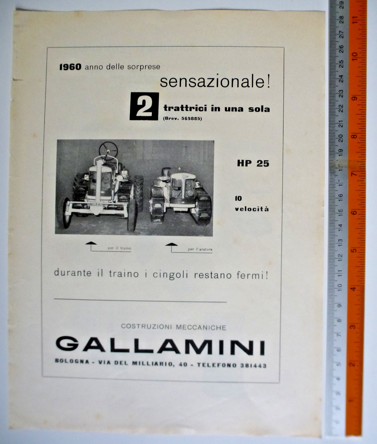 Pubblicità GALLAMINI 2 Trattrici in una HP 25 gommate / cingoli - 11/1959