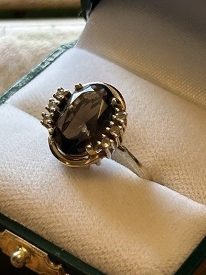 Ladies 10k Gold / Diamond, Smokey Quartz Fashion Ring Sz 8.5
