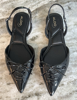 ALDO Black Patent Leather Pointed Toe Slingback Flats Bow Accent Size 7