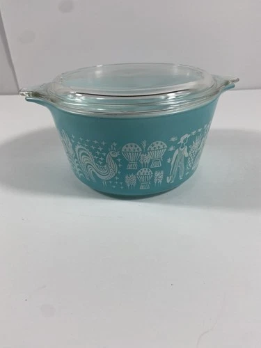 Vintage Pyrex #473 Turquoise Blue Amish Butterprint 1 QT Casserole Dish With Lid