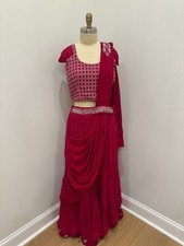 Hot Pink Pre-Draped Dupatta Lehenga, Adjustable Size, Silver Threadwork