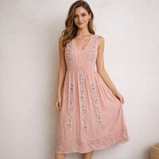 Entro Peach Embroidered Midi Dress Boho Floral Sleeveless Empire Waist Size L