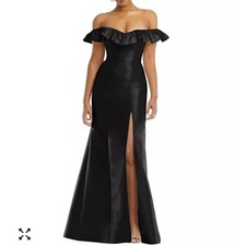 ALFRED SUNG Off-the-Shoulder Ruffle Neck Satin Trumpet Gown