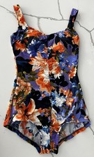 Maxine of Hollywood One Piece Swimsuit Blue Purple Floral Print Ruched Front 10