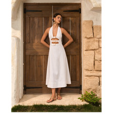 Commense Cotton Linen Cutout Halter Maxi Dress White XS NWT