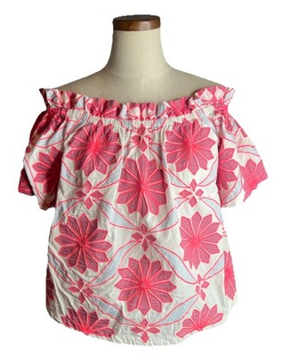 Maeve Anthropology Women's White pink Floral Embroidered Short Sleeve Top Size S