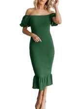 BerryGo mocked Green Bodycon Off Shoulder Dress Ruffle Party Cocktail Midi XL