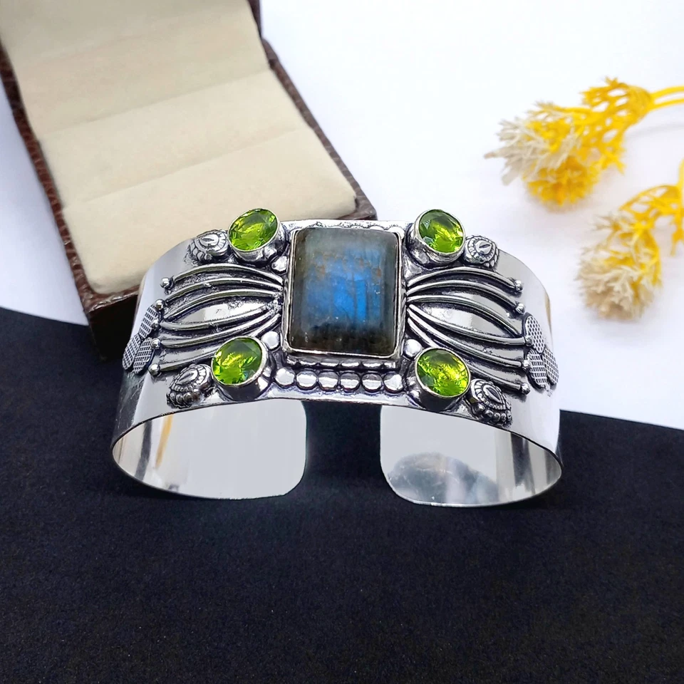 925 Sterling Silver Labradorite & Peridot Gemstone Jewelry Cuff Bracelet - Image 4 of 4