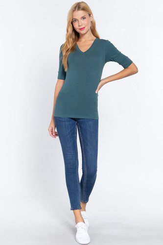 Women Basic Solid Stretch Elbow Sleeve Cotton V Neck Top Shirt T9671 - Picture 57 of 101