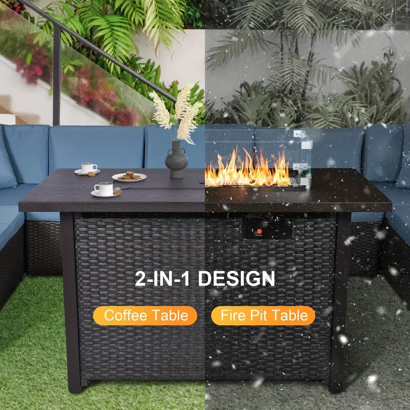 42” Propane Fire Pit Table 50,000BTU Outdoor Rattan With Glass Wind Guard & Wate